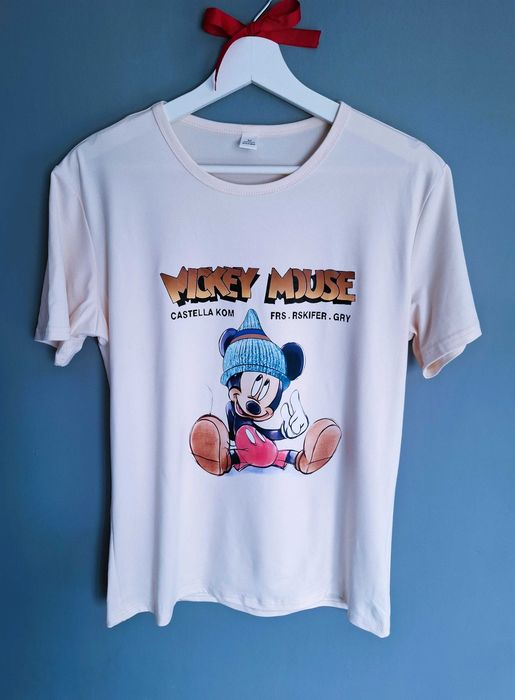 Beżowy t-shirt z dużym nadrukiem Myszka Miki