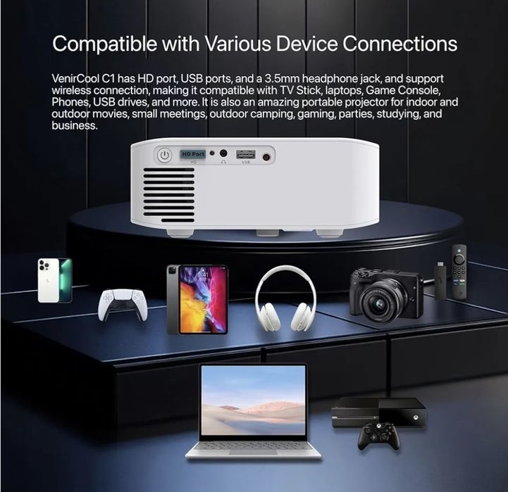 Video Projetor Inteligente Venircool C1, foco automatico wifi/bluetooth dual