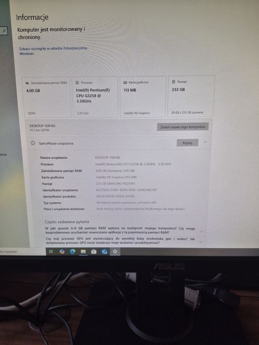 Zestaw  Komputer PC  Monitor sprawny