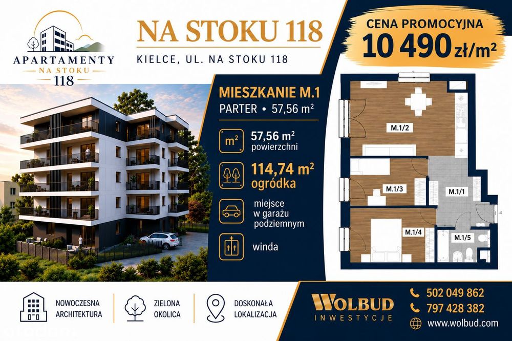 Mieszkanie M.1 – 57,56 m² |parter | ogródek 114,74m² Kielce Na Stoku