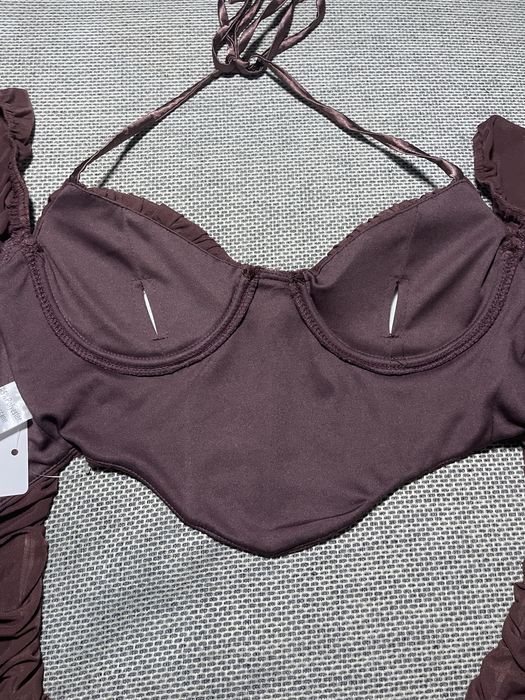 Коричневий корсетний топ з довгими сітчастими рукавами, xs