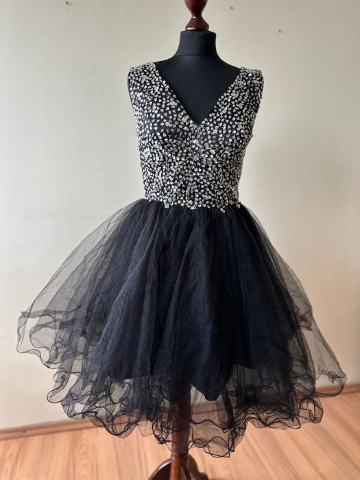 Wedding Dress Suknia Balowa Czarna  Cekiny Tiul Błyszcząca Głębokie V