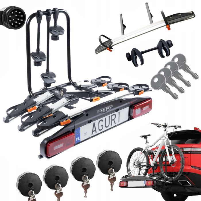 Bagażnik rowerowy platforma na hak Aguri Active Bike PRO 3+1 Silver uchylany na 4 rowery 13PIN