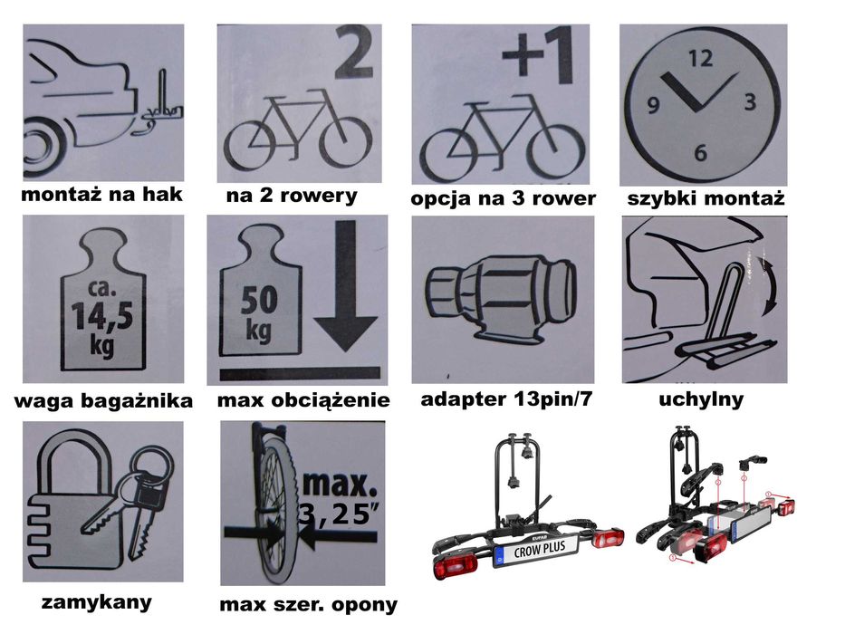 Składany bagażnik do przewozu rowerów na haku holowniczym "CROW PLUS"