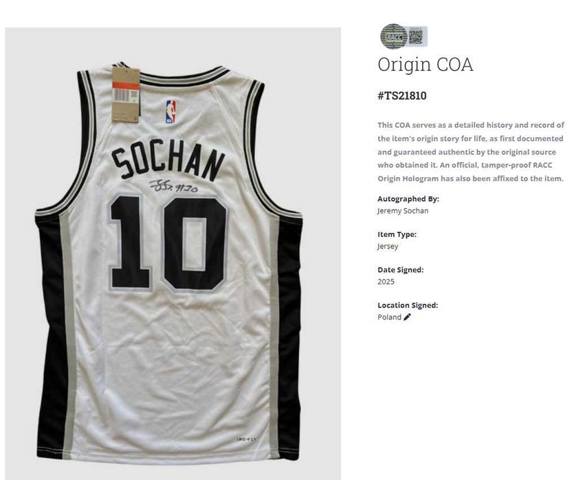 Jeremy Sochan San Antonio Spurs NBA koszulka z autografem + certyfikat