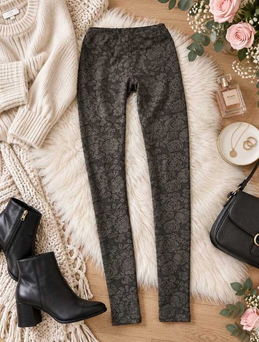 Szare Grafitowe Legginsy Koronkowe Koronka Róże Floral Elastyczne Gumka Boho Retro Cottagecore S M