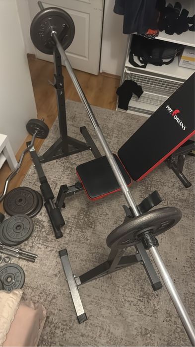 Kompletny zestaw do treningu siłowego – ławeczka, gryfy, hantle 90 kg