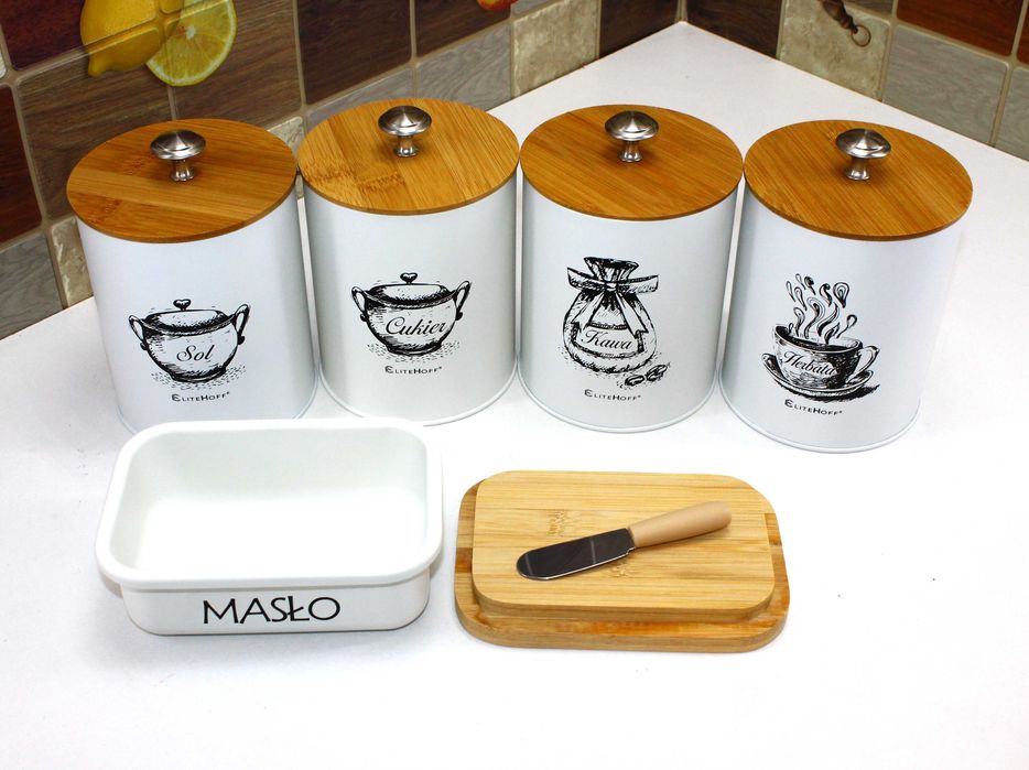 Białe pojemniki Kawa Herbata Cukier Sól z Maselniczką E6056