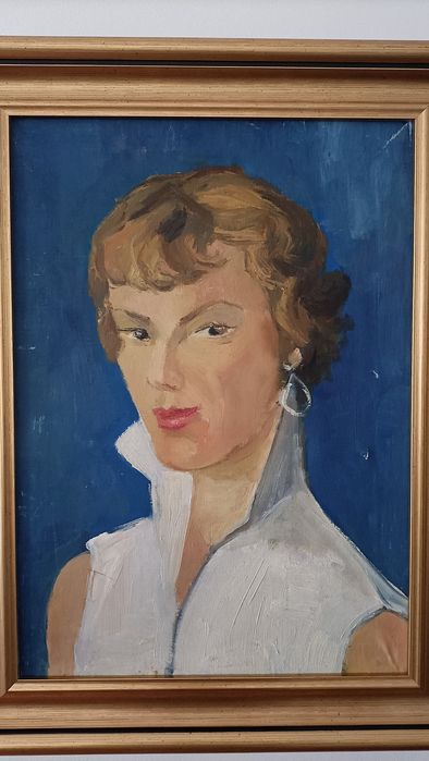 Pintura Retrato a óleo Mid-century emoldurada  vintage