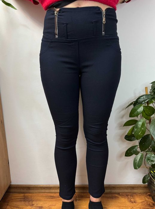 Legginsy eleganckie z zamkami wysoki stan high granatowe spodnie M 38