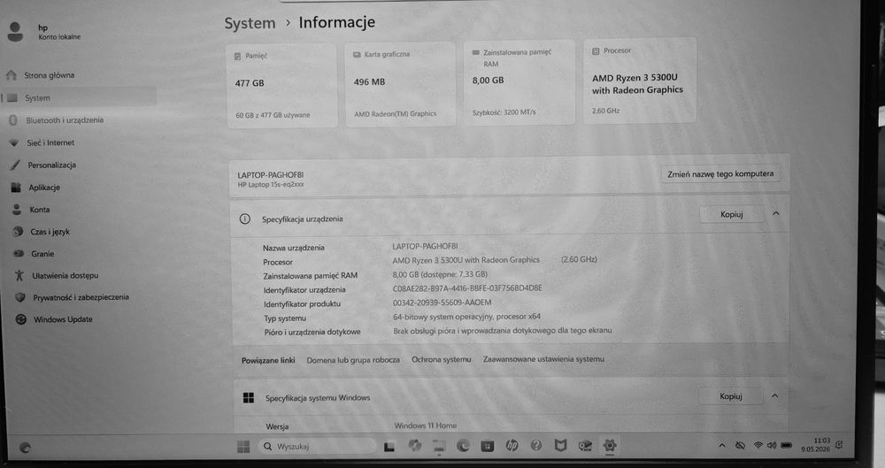 Laptop HP 15S-EQ2470NW, Ryznen 5, Komis Jasło Czackiego