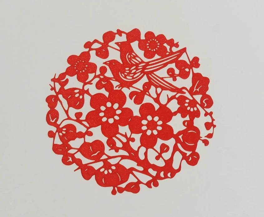 Magpie on Blossoming Peach Trees (Paper Art)