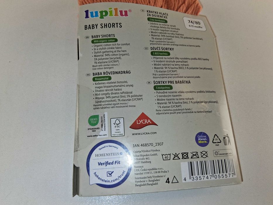 A134 Lupilu Krótkie Spodenki Dziecięce Z Organicznej Bawełny 74/80