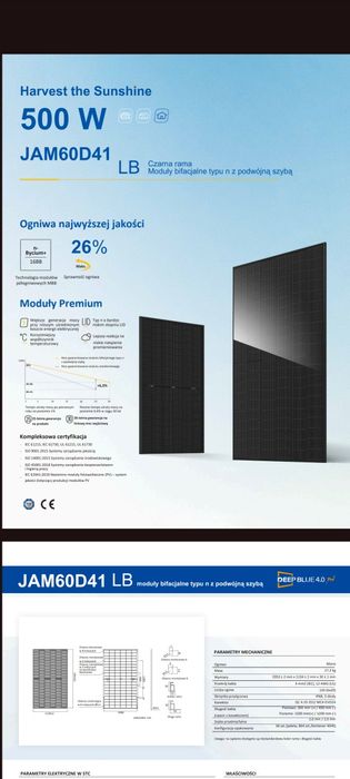 500W Panel fotowoltaiki JA SOLAR czarne full black premium branży