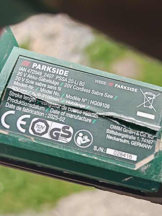 Piła szablasta Parkside PSSA 20 Li B2 20v wada
