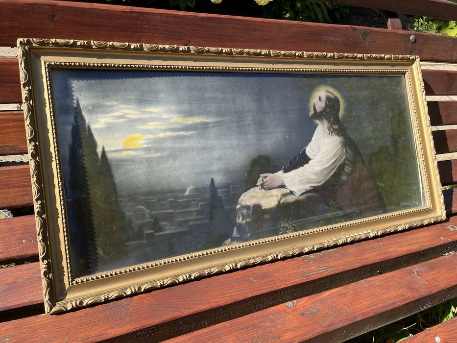 Jezus w Ogrójcu Modlitwa Chrystusa na Górze Oliwnej Obraz religijny Złota rama