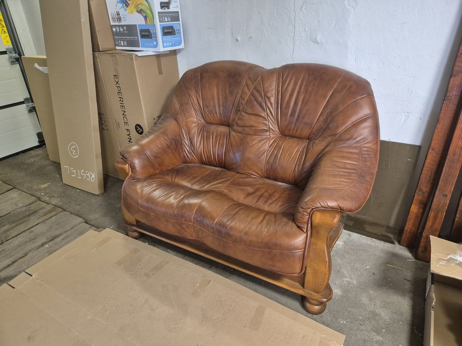 Komplet wypoczynkowy 3 2 1, skóra na drewnianym stelarzu