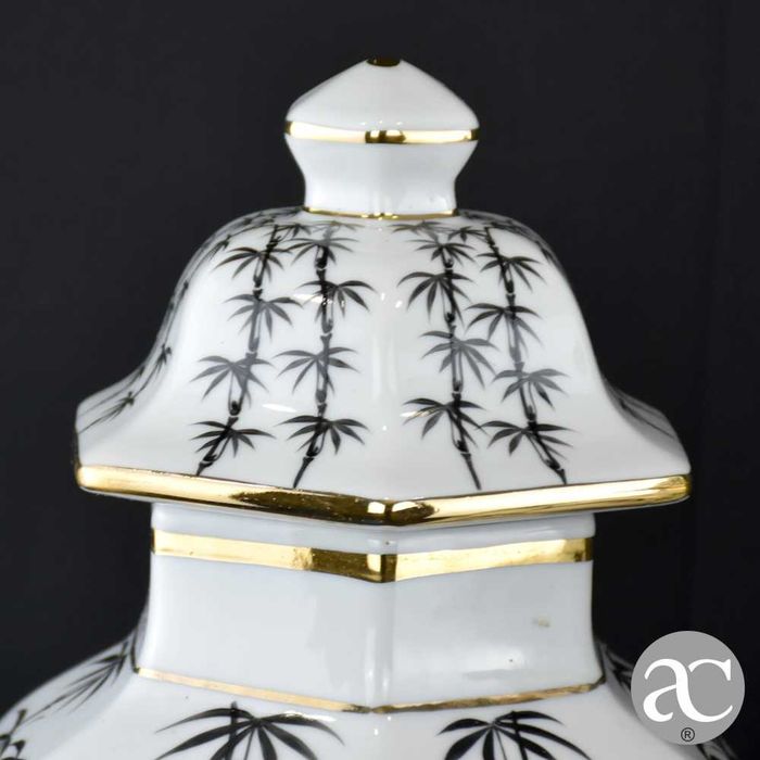 Par de potes hexagonais com tampa porcelana Artibus, decoração bambu
