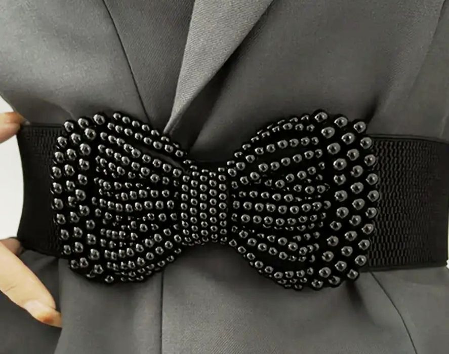 Nowy gumowany elegancki czarny pas z ozdobną kokardą z koralików szero