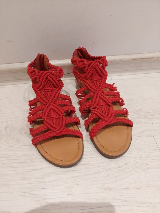 Czerwone Sandały Rzymianki /  Makrama / Rozmiar 38 / Boho