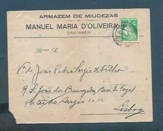 Carta Comercial antiga - 1927 - MANUEL MARIA D'OLIVEIRA - SANTARÉM - selo ceres - filatelia