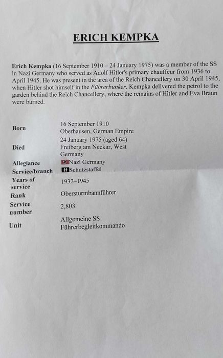 Documento assinado pelo oficial nazi Erich Kempka