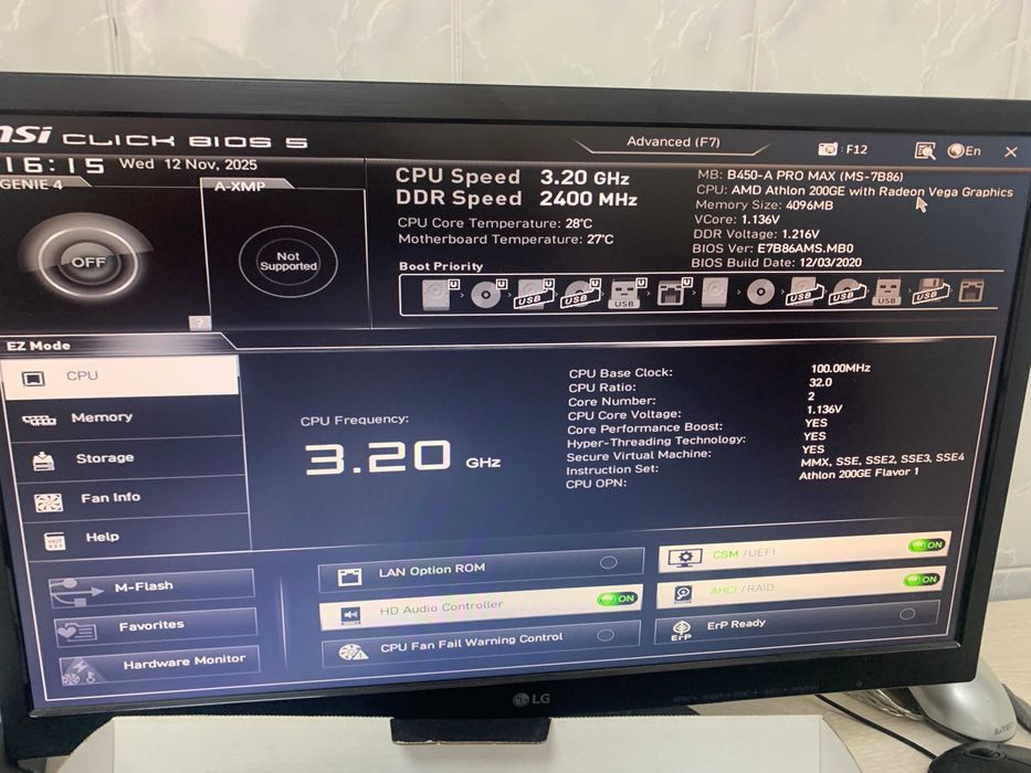 Материнська плата MSI B450-A Pro Max AMD 200GE 3.2 GHz ddr4 4g
