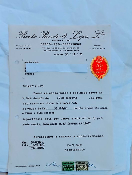 Antigo documento de crédito anos de 1970, com selo de aniversário