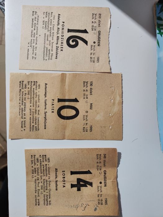 TYLKO WIDOCZNE kartka z kalendarza rok 1985