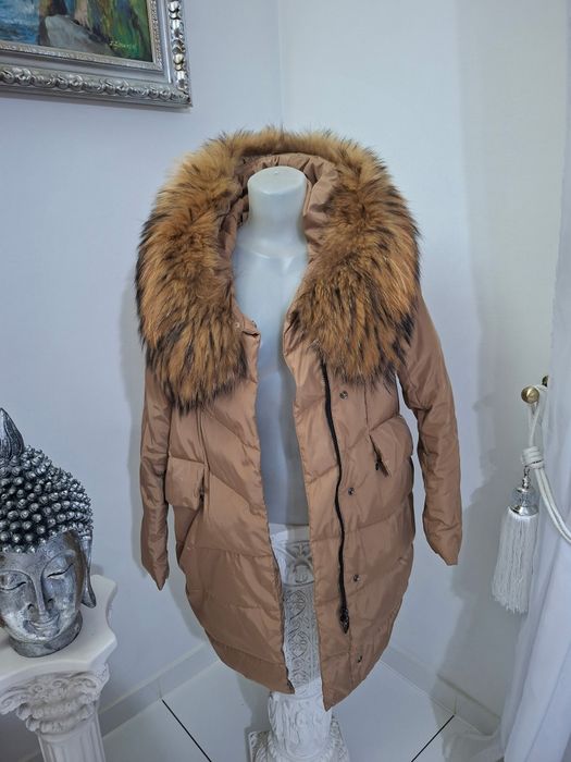 Piękna włoska kurtka parka obłędny jenot naturalny nowa sml uni