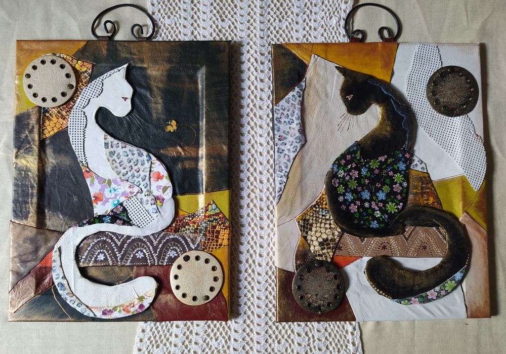 Дві картини, декоративні панно "Два кота" шкіра натуральна, ексклюзив ...