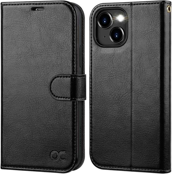 OCASE etui skórzane do iPhone 15 RFID z klapką portfel stojak czarne