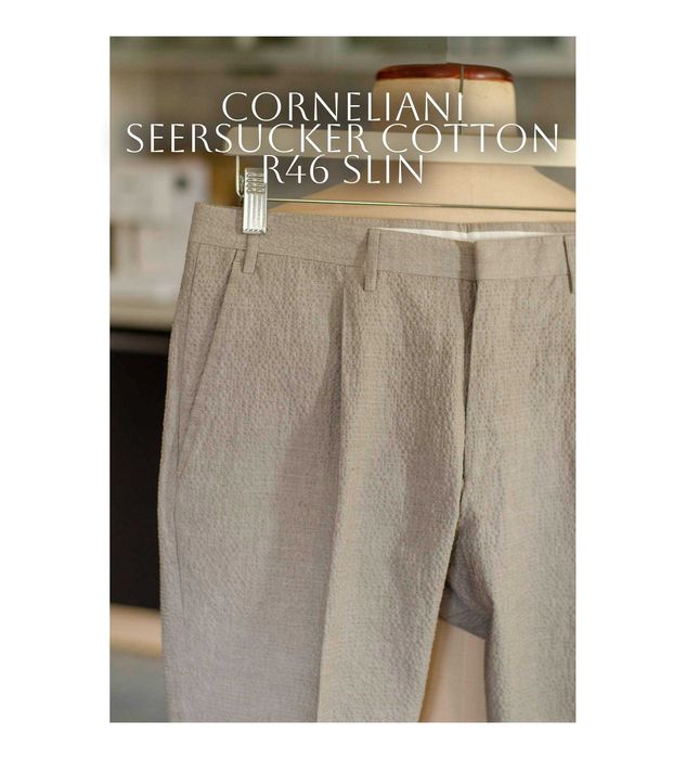 Włoskie spodnie Corneliani r46, seersucker kora bawełniana, zakładki