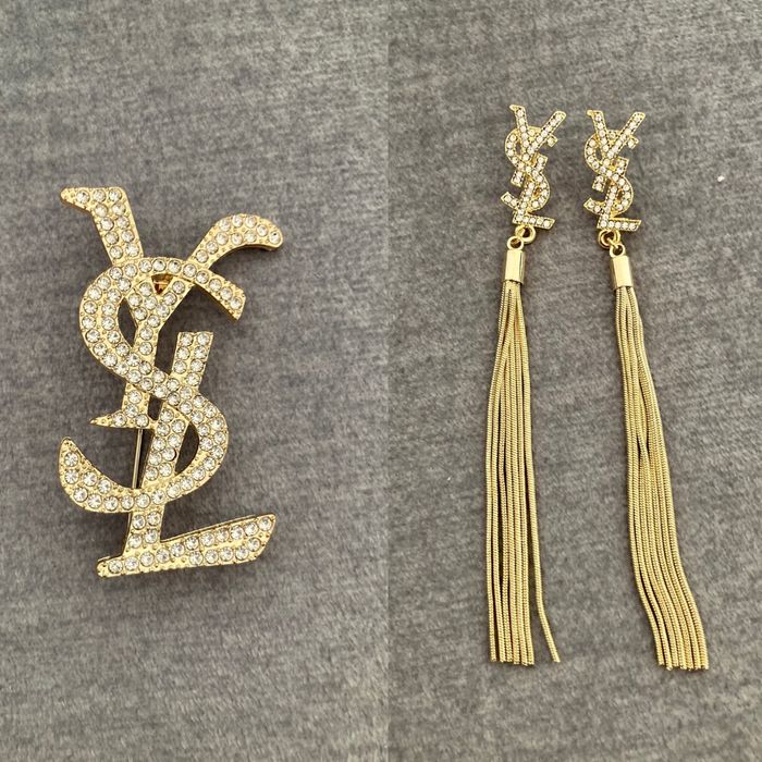 Komplet cc broszka i kolczyki długie cyrkoniami złote