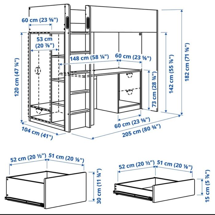 Cama Alta IKEA com secretária e roupeiro