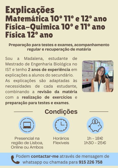 Explicações Matemática 10º/11º/12º, Fisica-Quimica 10º/11º e Fisica 12º ano
