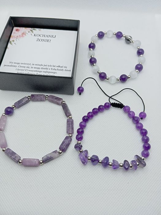 Komplet bransoletek z ametystem, prezent dla żony.