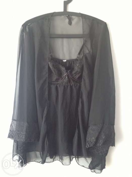 Conjunto pijama mulher L, preto, com transparências e renda, como novo