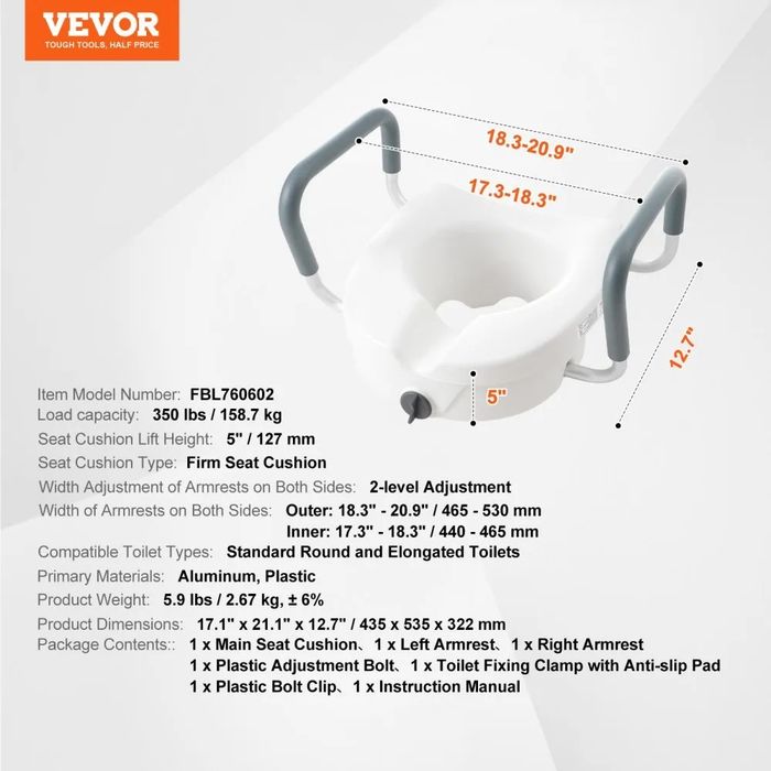 Assento sanitário elevado VEVOR 5" (12,7 cm) com altura elevada de 350 lbs/158,8 kg para vasos sanitários