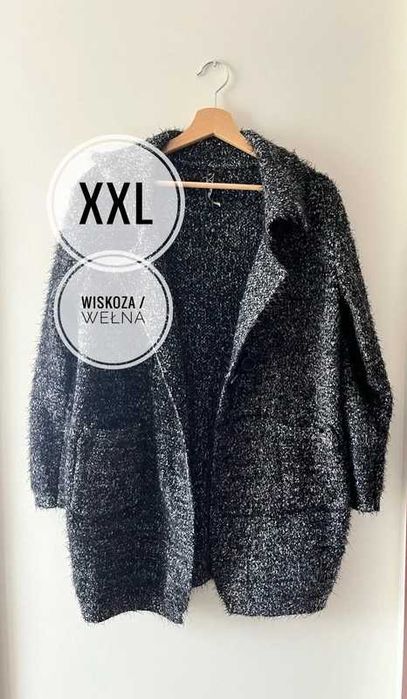 Czarny biały gruby włochaty sweter kardigan damski TU XXL 44