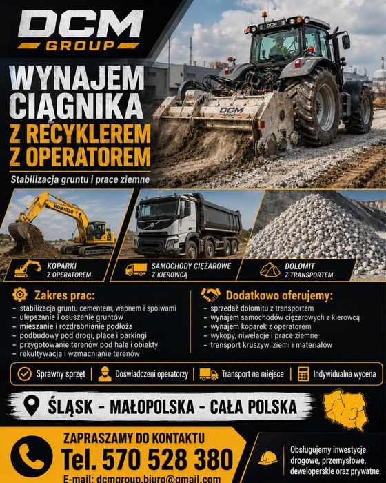 Stabilizacja gruntu – ciągnik z recyklerem i operatorem | Śląsk