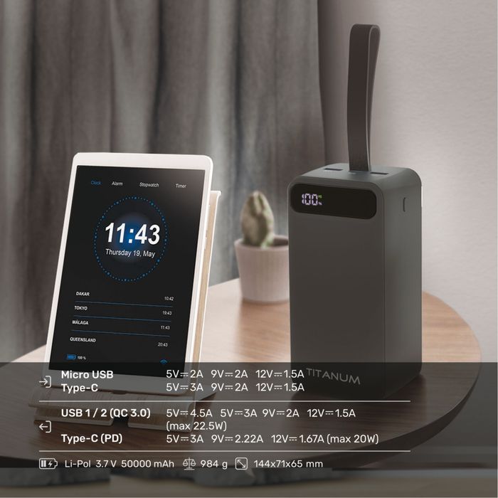 Павербанк з ліхтареком 50000mAh TITANUM 741S 22.5W