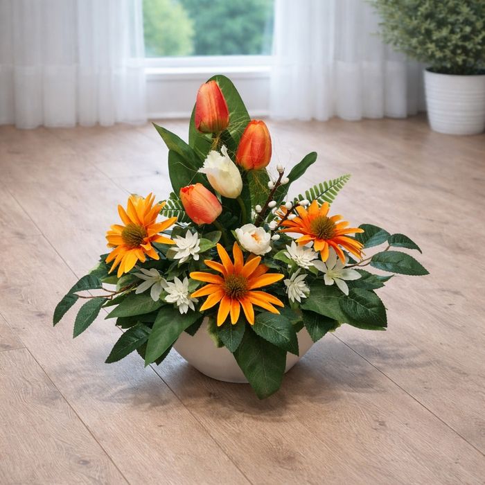 Stroik nagrobny na cmentarz,  wiosenny wielkanocny, kompozycja kwiatow