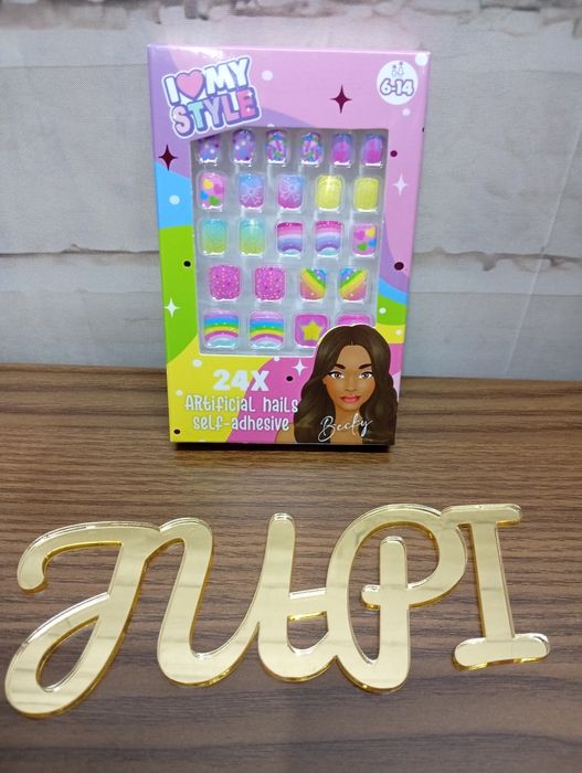 Sztuczne paznokcie tipsy tęczowe dla dziewczynki samoprzylepne 24 szt