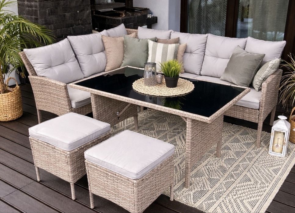 Nowe meble ogrodowe stół narożnik i pufy Avra z dostawą