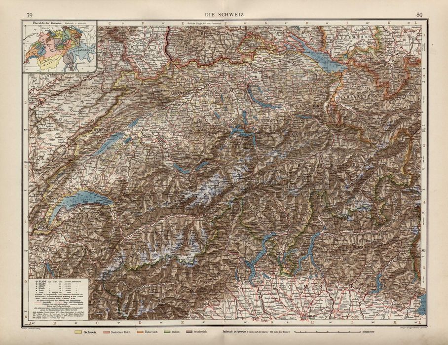 Szwajcaria. Duża efektowna mapa 1909 r. autentyk