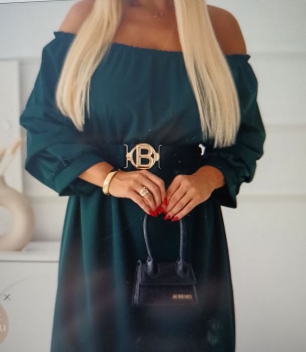 Sukienka  Hiszpanka z paskiem,butelkowa zieleń,46/48