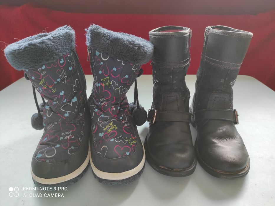 Śniegowce w serduszka i skórzane buty zimowe Lasocki roz. 29 19cm