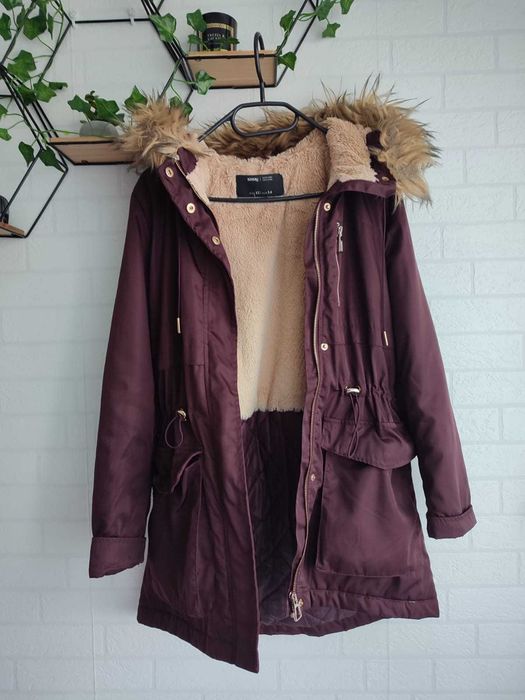 Bordowa śliwkowa kurtka Sinsay, parka, rozm. XS/34