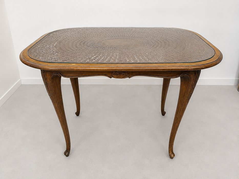 Stylowy stolik kawowy Chippendale | Rattanowy blat pod szkłem | Lite drewno | Vintage. Dowóz/ Wysyłka.